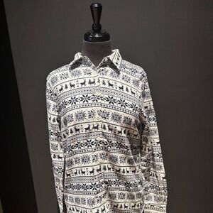 Lands End Shirt Women's Sz 6 White Blue Christmas Print Flannel Button Up Deer